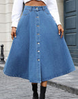 Buttoned Midi Denim Skirt with Pockets - Little Miss Vanilla