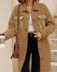 Khaki Contrast Flap Pocket Single Breasted Teddy Coat