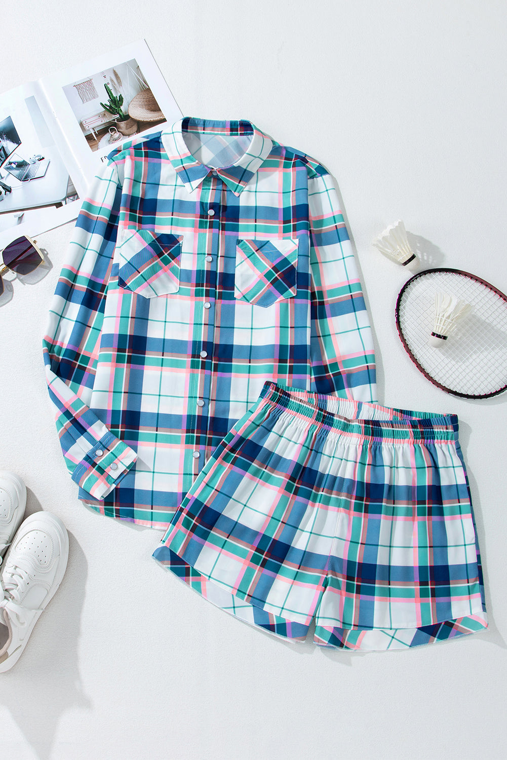 Blue Plaid Print Shirt and Shorts 2Pcs Lounge Set - Little Miss Vanilla