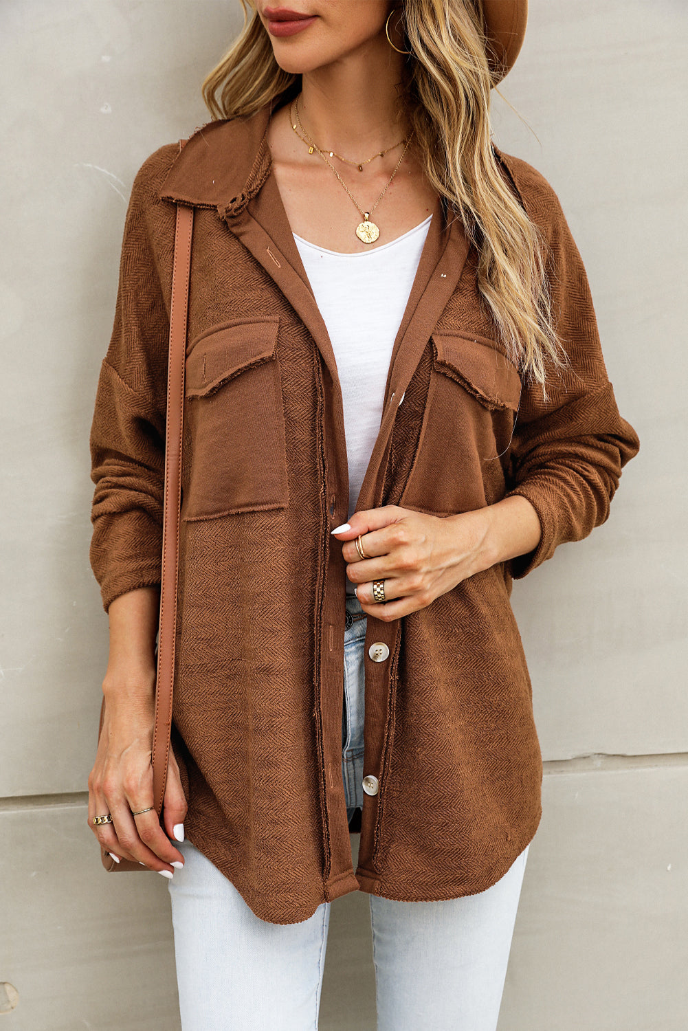 Brown Contrast Flap Pockets Relaxed Shacket - Little Miss Vanilla