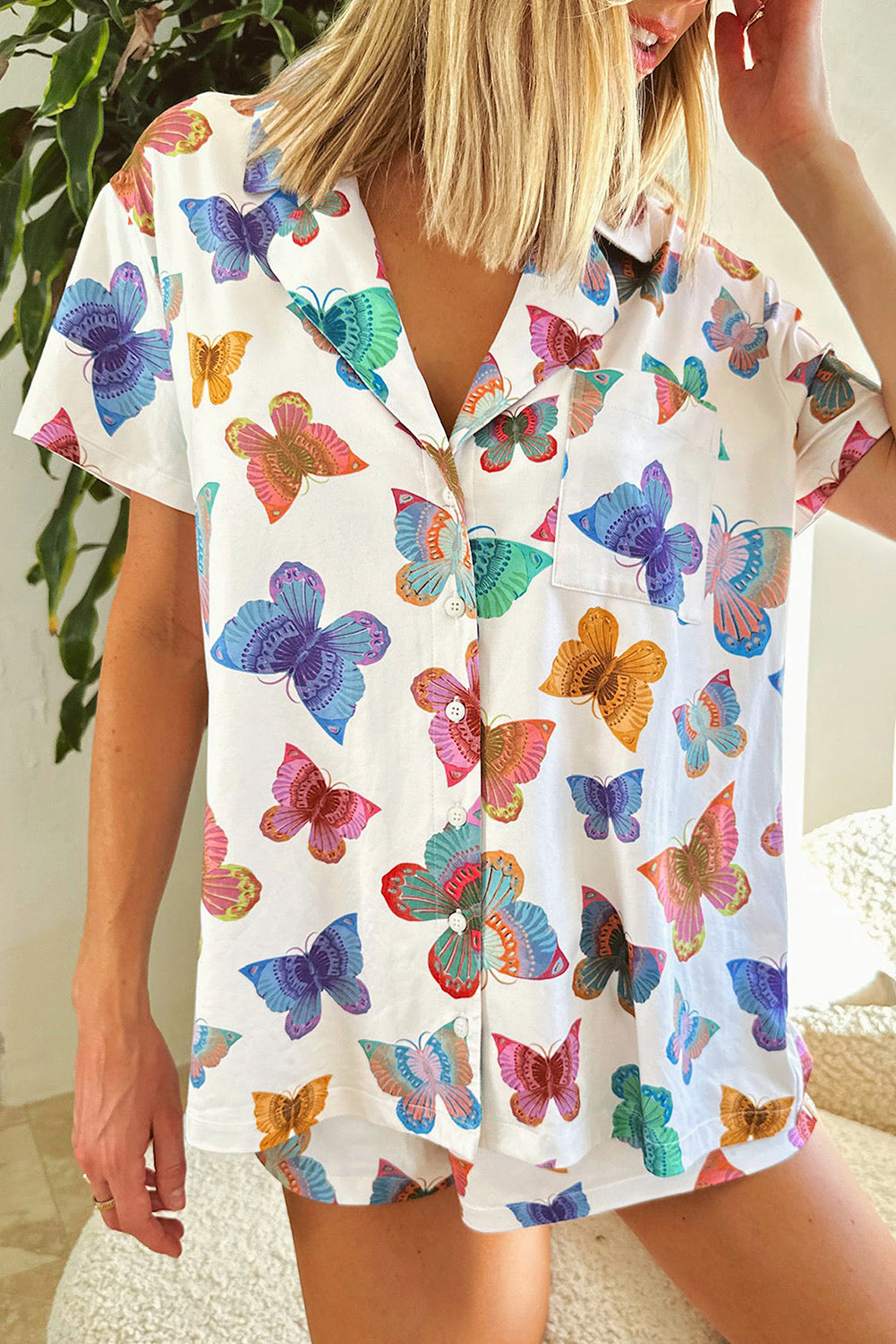 Multicolour Butterfly Pattern Short Sleeve Shirt Pajamas Set - Little Miss Vanilla