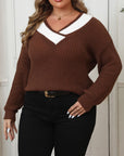 Plus Size Contrast Dropped Shoulder Long Sleeve Sweater - Little Miss Vanilla