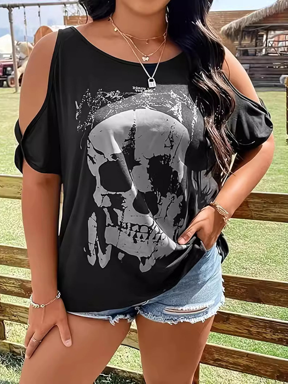 Plus Size Skeleton Graphic Round Neck Cold Shoulder T-Shirt - Little Miss Vanilla