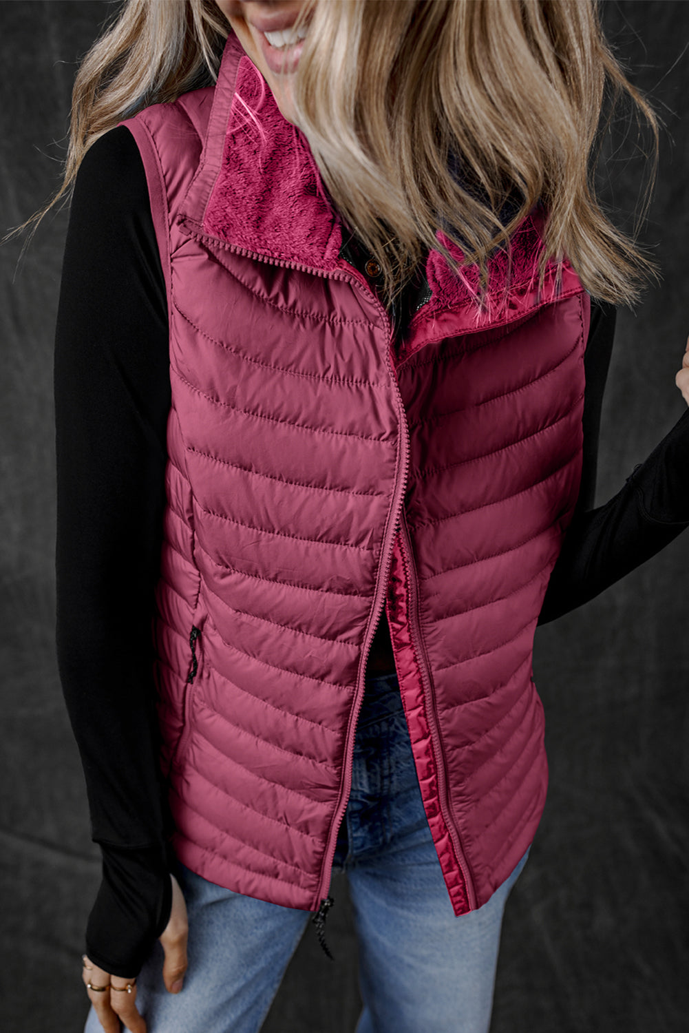 Burgundy Plush Collared Quilted Zipped Puffer Vest - Little Miss Vanilla