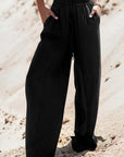 Black Drawstring High Waist Wide Leg Denim Pants