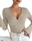 Women's Autumn And Winter Rib Sunken Stripe V-neck Slim-fit Long Sleeve T-shirt Women's Top