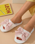 White Bow Knot Decor Open Toe Plush Slippers