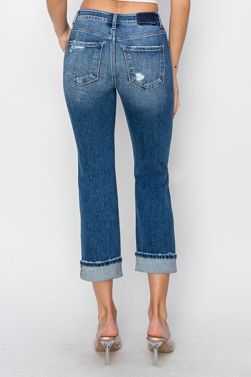 RISEN Full Size Cuffed Ankle Distressed Straight Jeans - Little Miss Vanilla