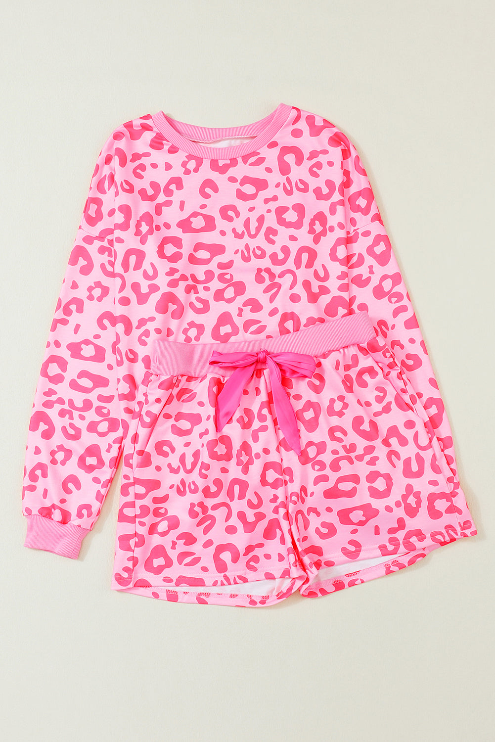 Pink Leopard Long Sleeve Satin Tie Shorts Two Piece Set - Little Miss Vanilla