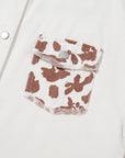 White Cow Spot Patchwork Flap Pocket Distressed Hem Long Denim Jacket