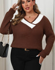 Plus Size Contrast Dropped Shoulder Long Sleeve Sweater - Little Miss Vanilla