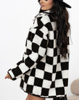 Black Checkered Side Pockets Collared Buttoned Fleece Jacket