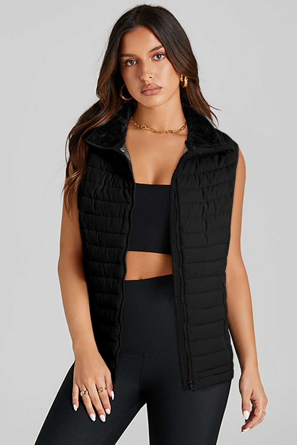 Black Plush Collared Quilted Zipped Puffer Vest - Little Miss Vanilla