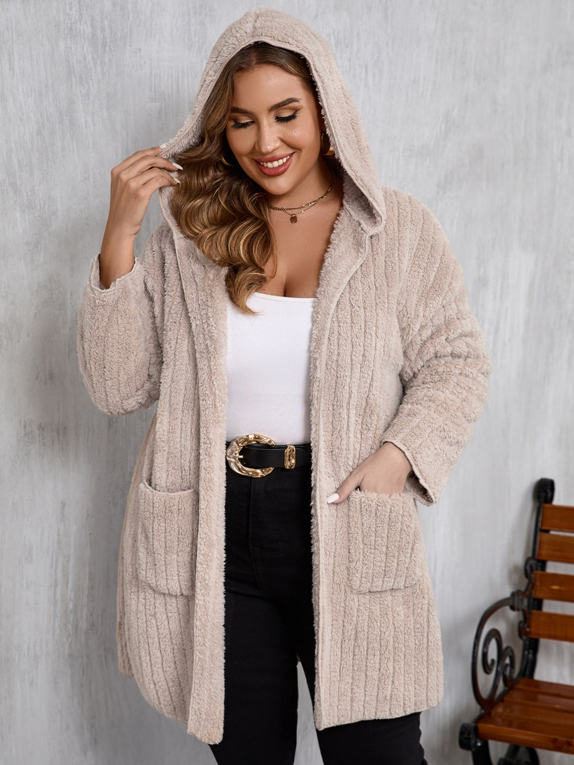 Plus Size Open Front Long Sleeve Hooded Fuzzy Jacket - Little Miss Vanilla