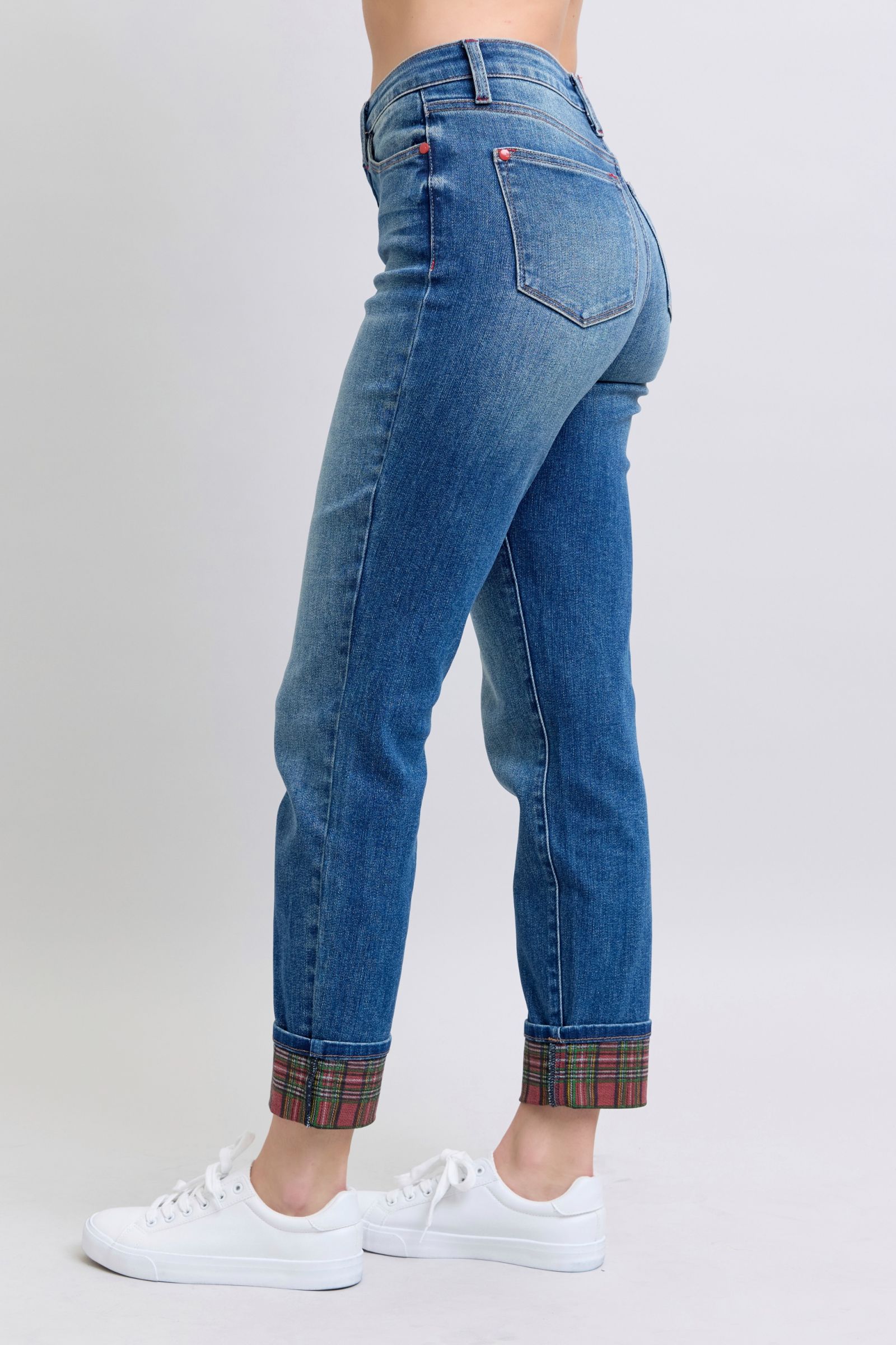 Judy Blue Full Size Plaid Print Cuff Straight Leg Jeans with Pockets - Little Miss Vanilla