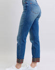 Judy Blue Full Size Plaid Print Cuff Straight Leg Jeans with Pockets - Little Miss Vanilla