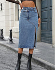 Slit Asymmetrical Waistband Midi Denim Skirt - Little Miss Vanilla