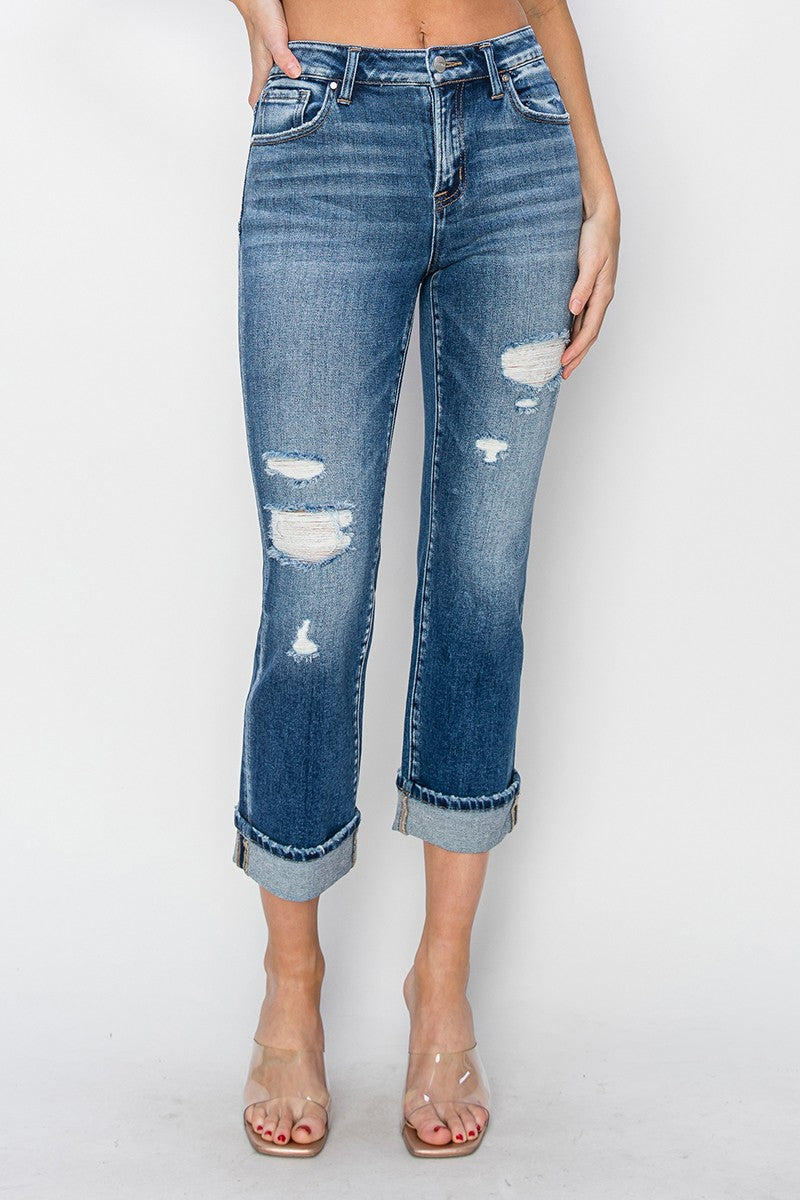 RISEN Full Size Cuffed Ankle Distressed Straight Jeans - Little Miss Vanilla