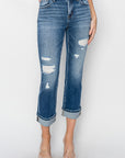 RISEN Full Size Cuffed Ankle Distressed Straight Jeans - Little Miss Vanilla