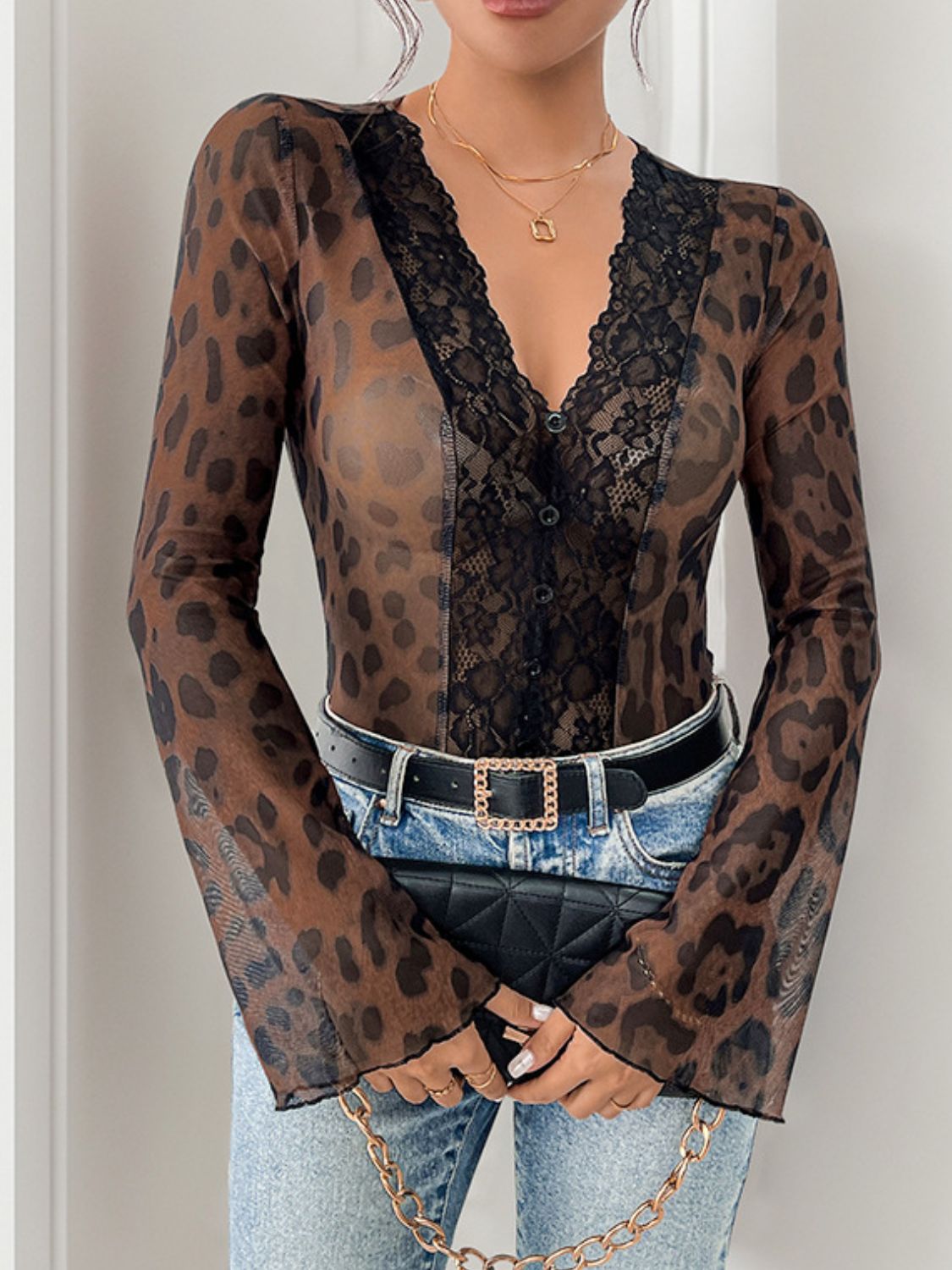 Perfee Leopard V-Neck Lace Bodysuit - Little Miss Vanilla