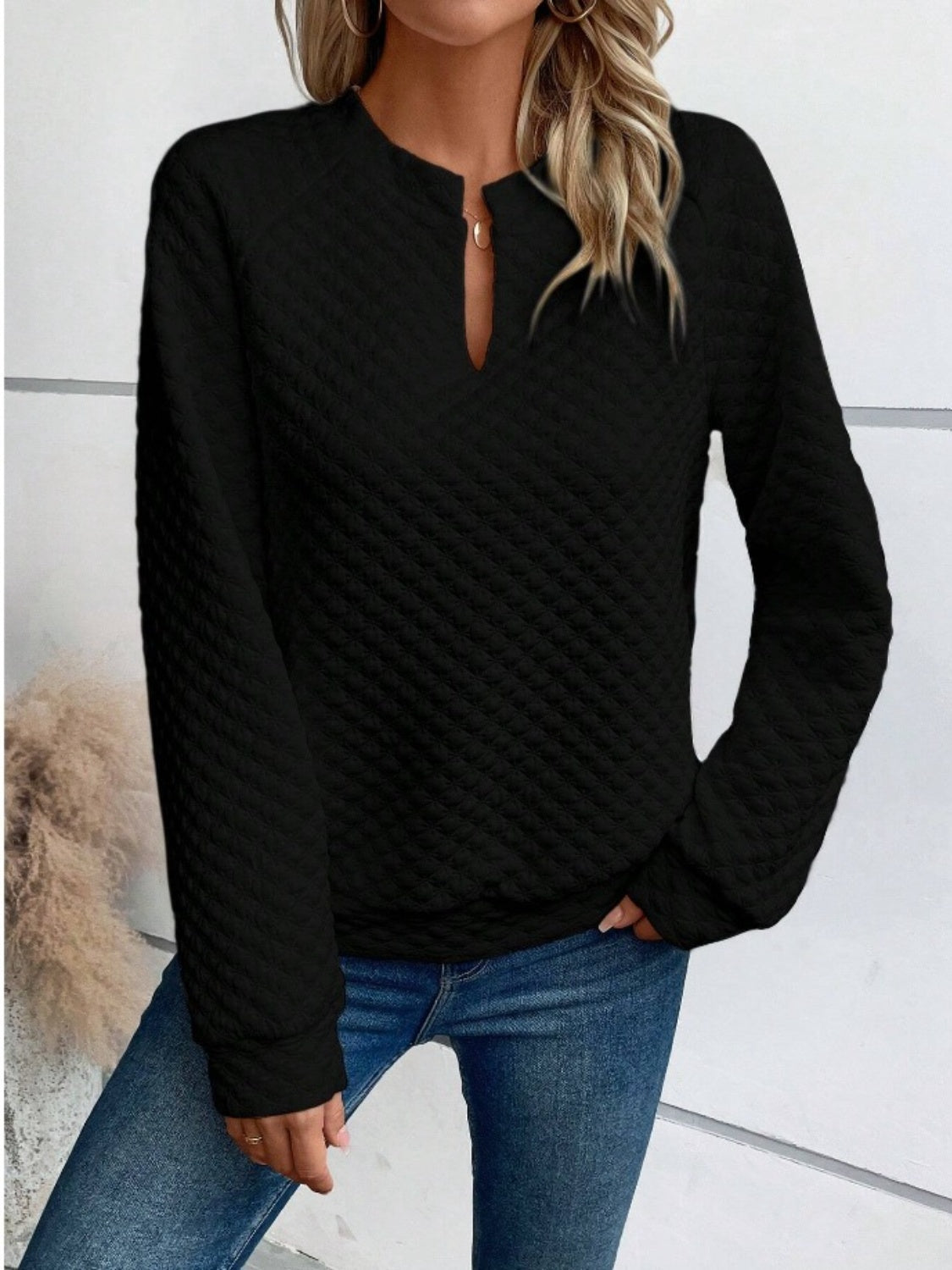 Notched Long Sleeve Sweatshirt - Little Miss Vanilla