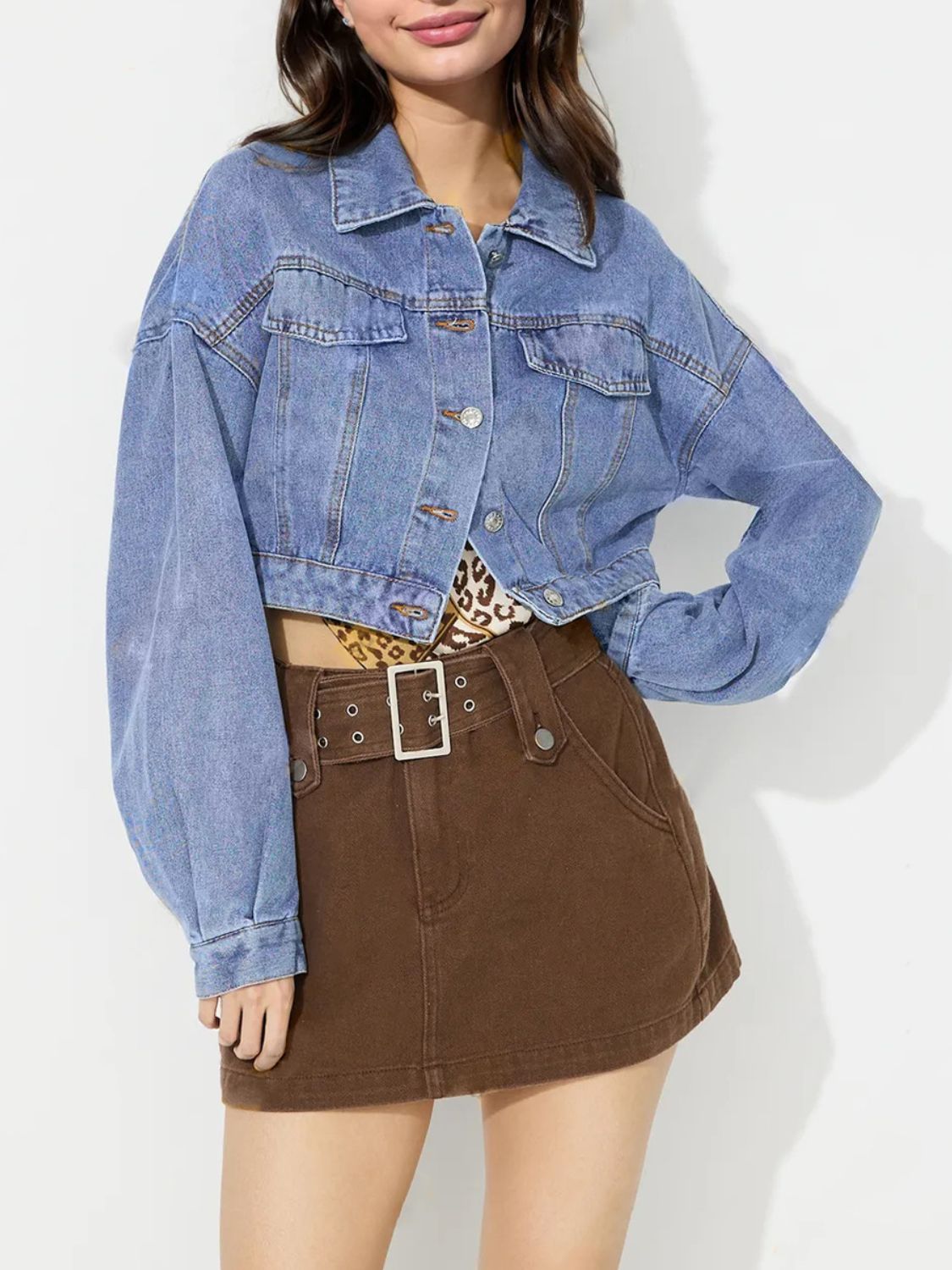 Collared Neck Dropped Shoulder Cropped Denim Top - Little Miss Vanilla