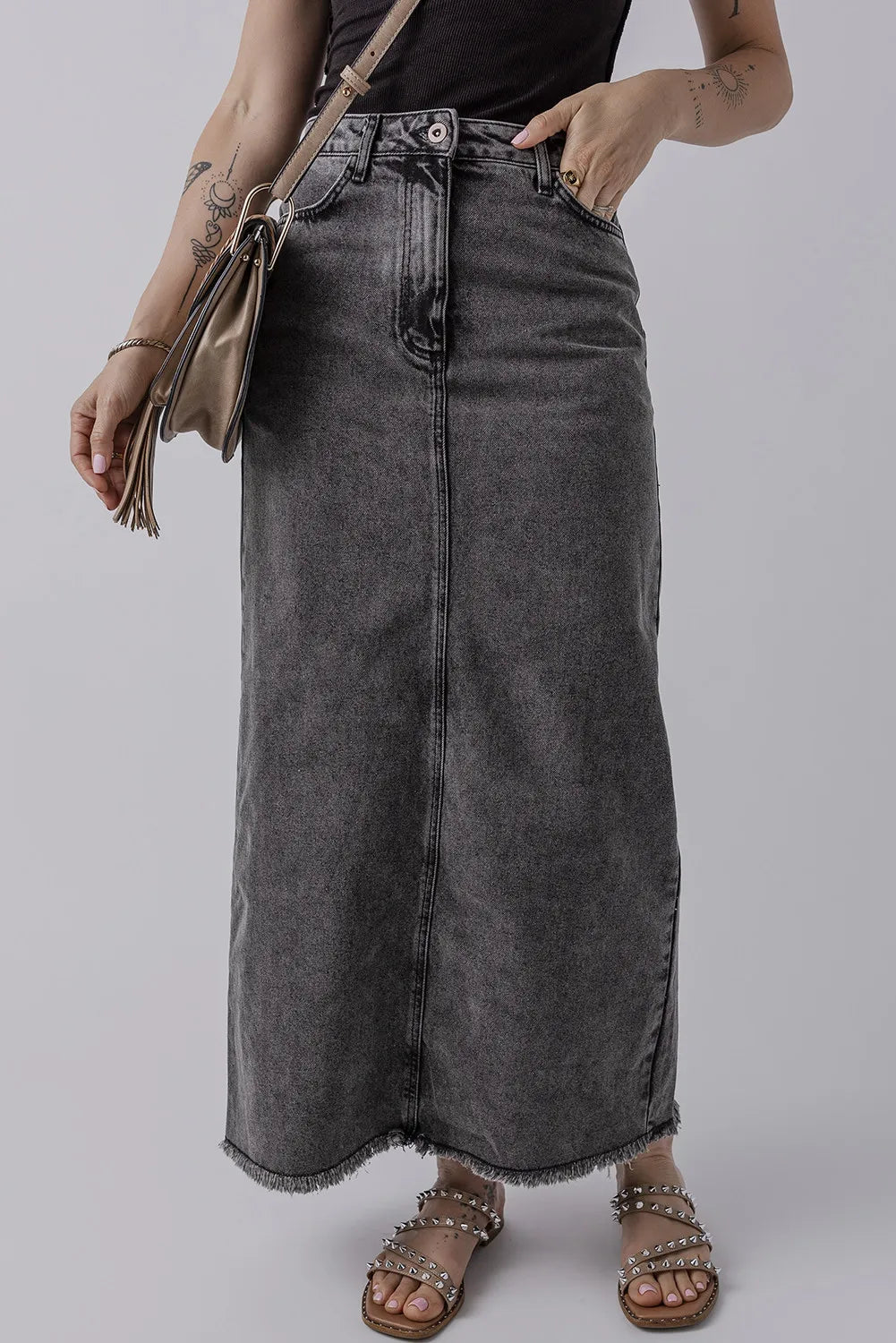 Raw Hem Midi Denim Skirt with Pockets - Little Miss Vanilla