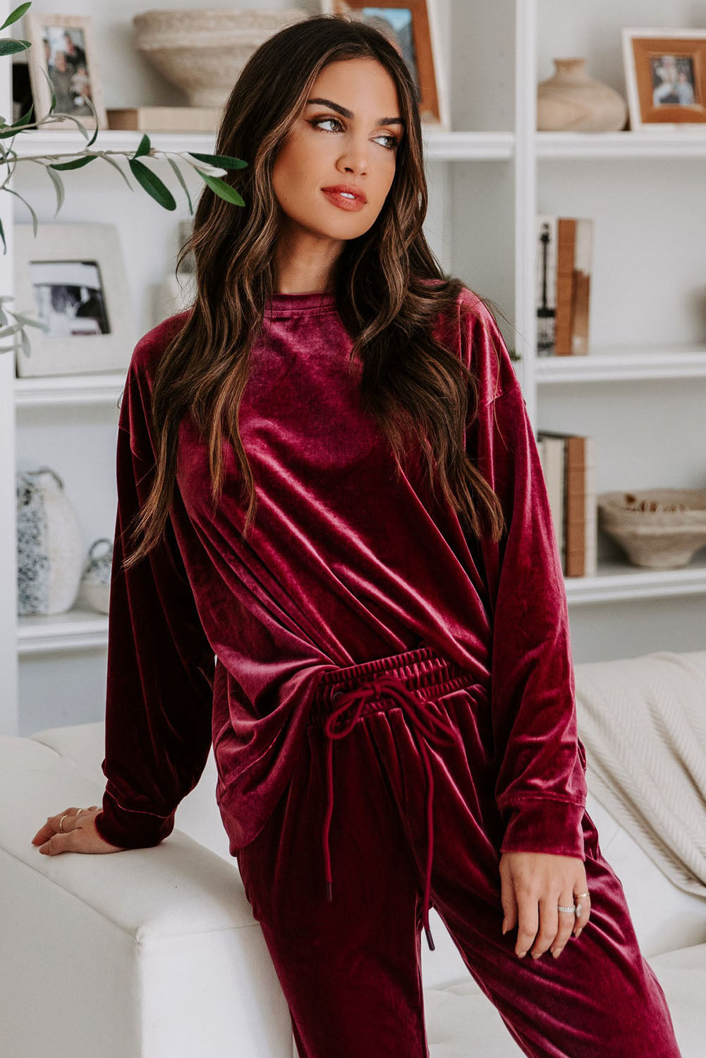 Fiery Red Solid Velvet Two Piece Lounge Set - Little Miss Vanilla