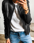 Black Solid Faux Leather Zipper Slim Fit Bomber Jacket