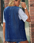 Full Size V-Neck Button Up Denim Vest - Little Miss Vanilla