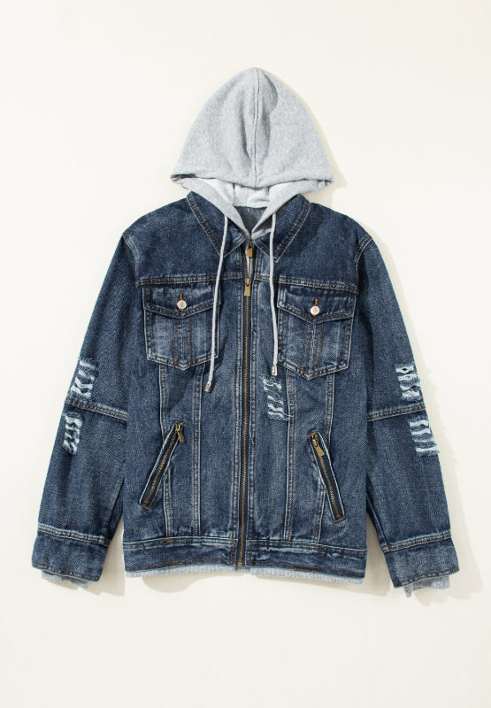 Fake Two-Piece Hooded Zip-Up Denim Jacket - Little Miss Vanilla