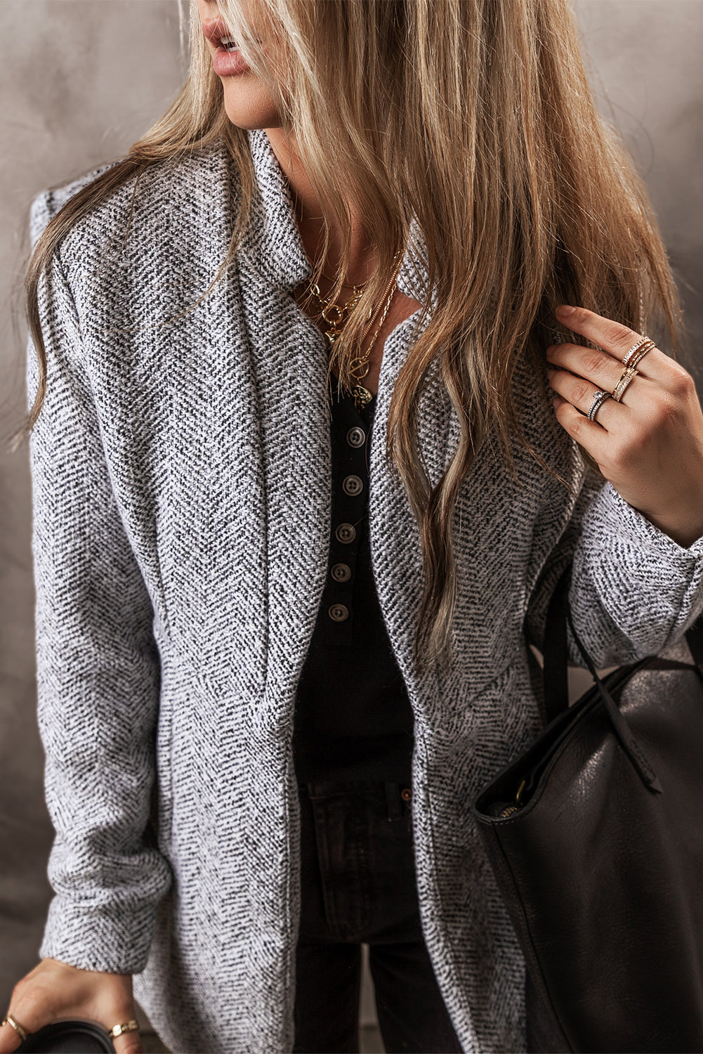 Light Grey Lapel Collar Long Jacket with Pockete - Little Miss Vanilla