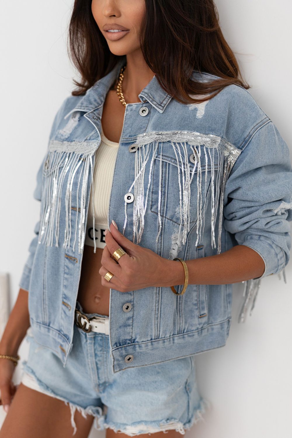 Sequin Fringe Trim Distressed Button Up Denim Jacket - Little Miss Vanilla