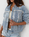 Sequin Fringe Trim Distressed Button Up Denim Jacket - Little Miss Vanilla