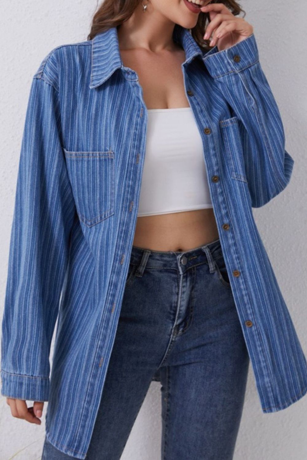 Striped Texture Collared Neck Denim Top - Little Miss Vanilla