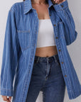 Striped Texture Collared Neck Denim Top - Little Miss Vanilla