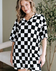 Black Checkerboard Print V Neck Loose Tee and Shorts Lounge Set