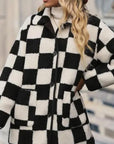 Black Checkered Side Pockets Collared Buttoned Fleece Jacket