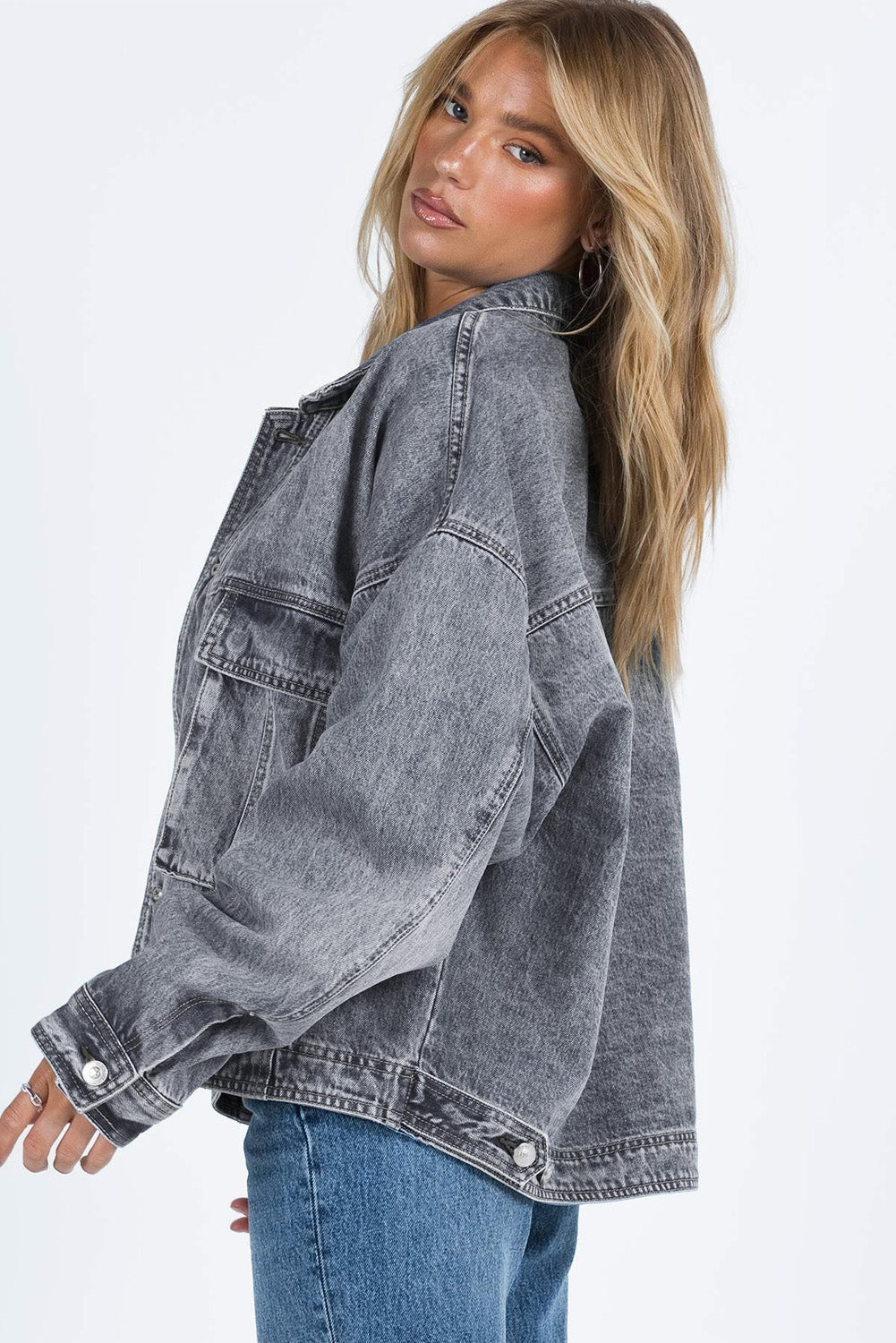 Gray Chest Pockets Drop Shoulder Loose Denim Jacket - Little Miss Vanilla