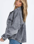 Gray Chest Pockets Drop Shoulder Loose Denim Jacket - Little Miss Vanilla