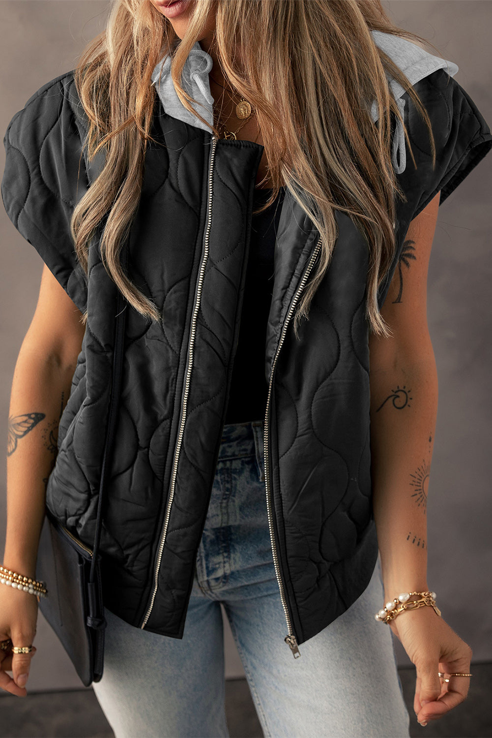 Black Quilted Drawstring Hooded Zip Up Puffer Vest - Little Miss Vanilla