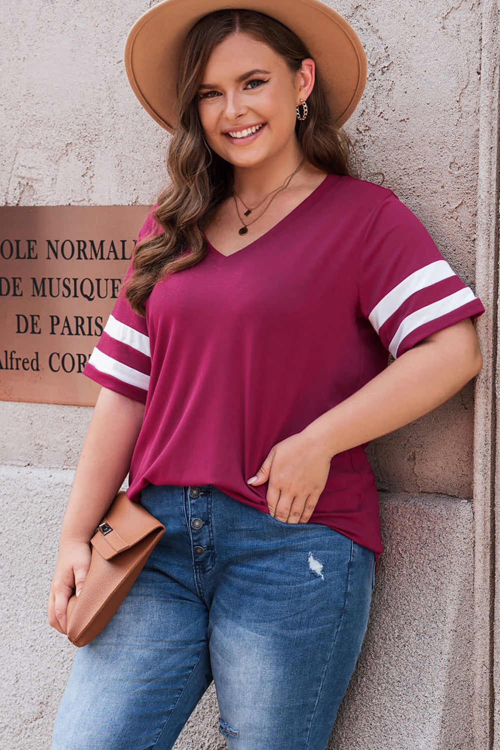 Plus Size Striped V-Neck Tee Shirt - Little Miss Vanilla