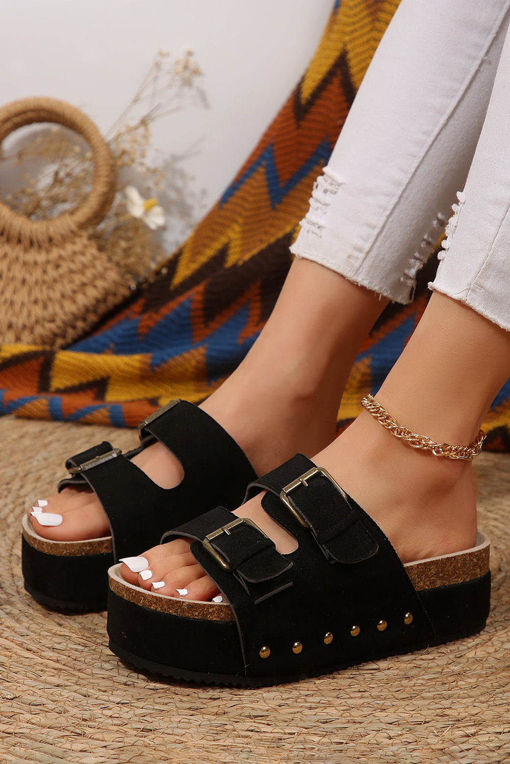 Black Suede Buckle Decor Footbed Sandal Slippers - Little Miss Vanilla