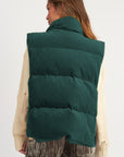 Jungle Green Corduroy Stand Neck Zipped Puffer Vest