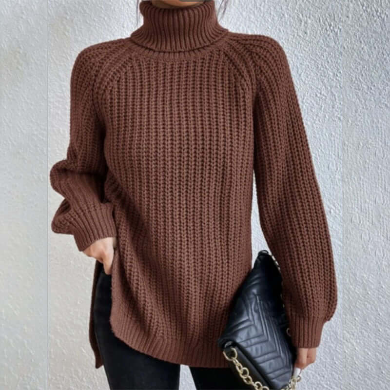 Turtleneck Pullover Sweater With Split Design Fashion Simple Solid Color Long Sleeve Tops Women&#39;s Clothing