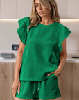 Bright Green Textured Ruffled Sleeve Tee and Drawstring Shorts Set