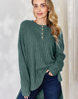 Basic Bae Full Size Ribbed Half Button Long Sleeve High-Low T-Shirt - Little Miss Vanilla