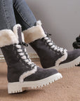 Winter Lace-up Snow Boots For Women Mid-tube Fleece Shoes Warm Chunky Heels Plush Boot