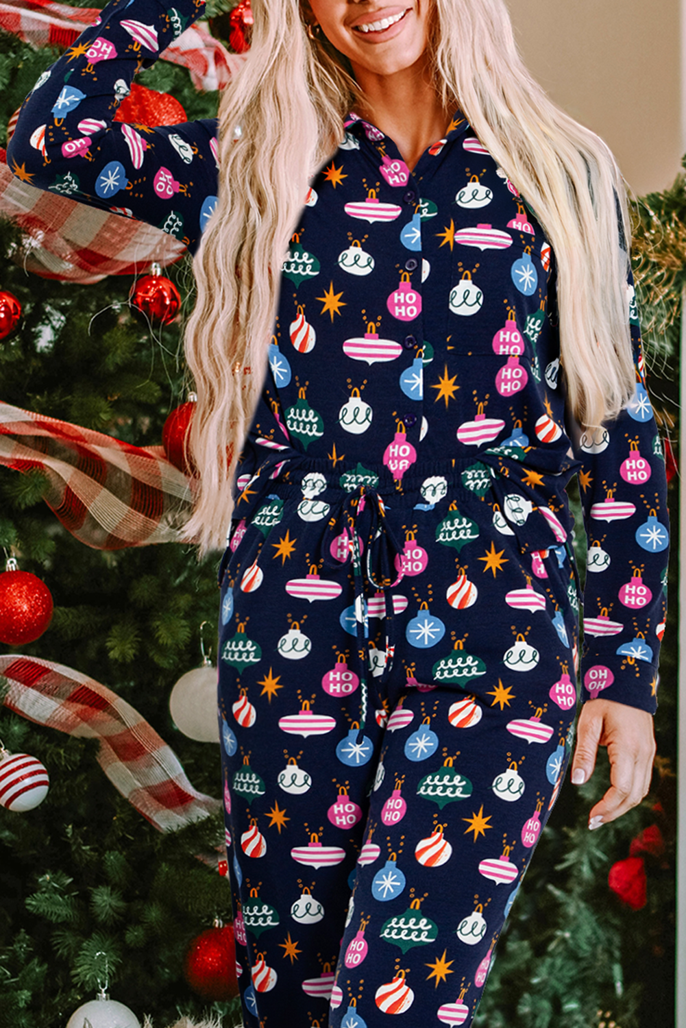 Navy Blue Colorful Christmas Lights Print Shirt and Pants Pajama Set - Little Miss Vanilla