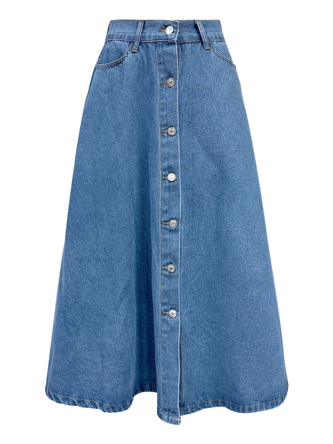 Buttoned Midi Denim Skirt with Pockets - Little Miss Vanilla